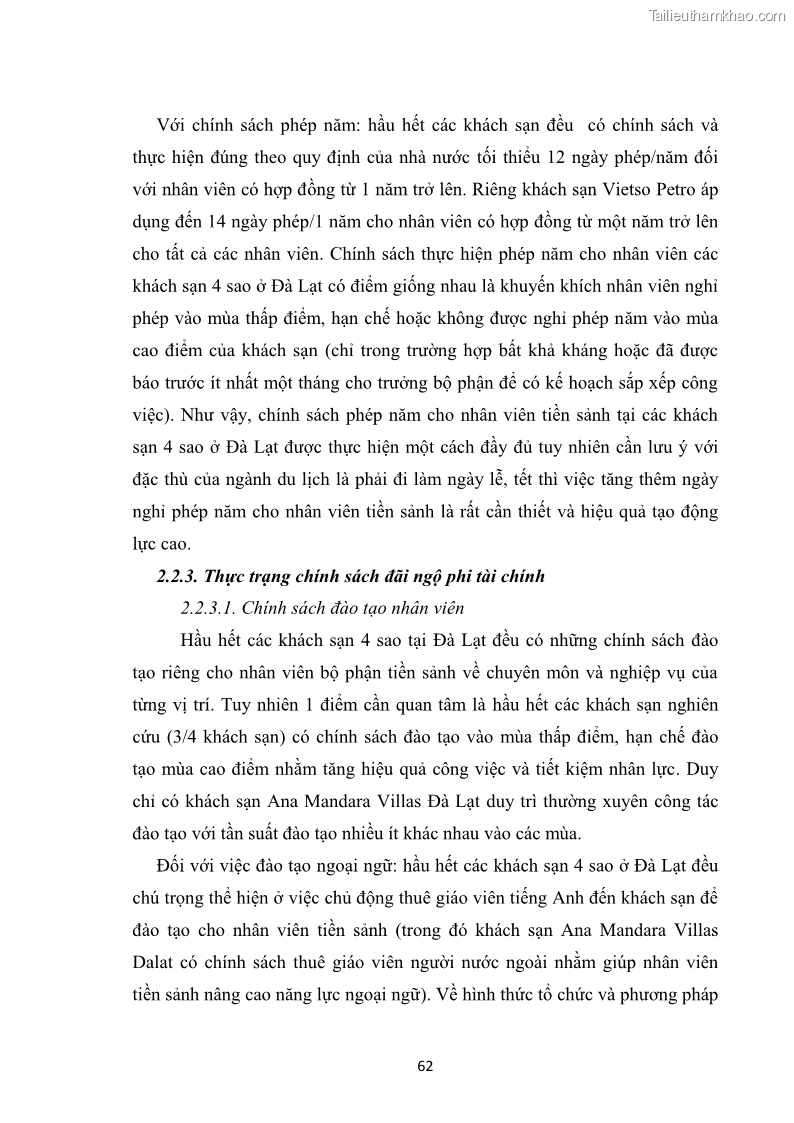 Luận văn thạc sĩ du lịch Nghiên cứu chính sách đãi ngộ nhân viên bộ phận tiền sảnh tại một số khách sạn bốn sao trên địa bàn thành phố Đà Lạt - 6 Trang 71