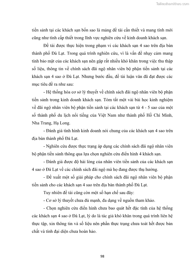 Luận văn thạc sĩ du lịch Nghiên cứu chính sách đãi ngộ nhân viên bộ phận tiền sảnh tại một số khách sạn bốn sao trên địa bàn thành phố Đà Lạt - 9 Trang 107
