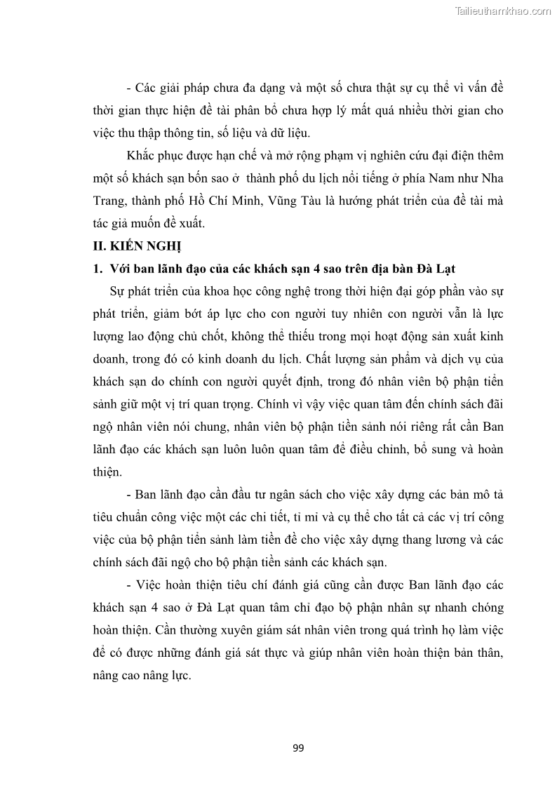 Luận văn thạc sĩ du lịch Nghiên cứu chính sách đãi ngộ nhân viên bộ phận tiền sảnh tại một số khách sạn bốn sao trên địa bàn thành phố Đà Lạt - 9 Trang 108