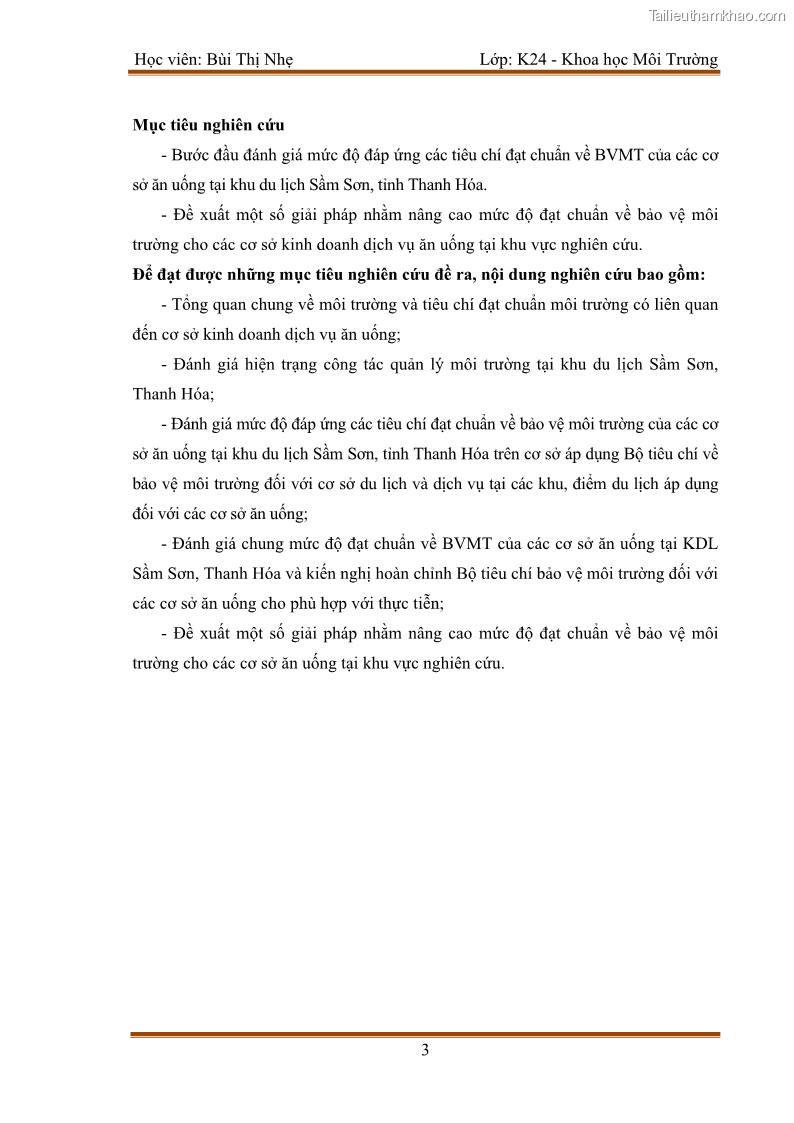 Luận văn thạc sĩ khoa học Bước đầu nghiên cứu đánh giá mức độ đạt chuẩn về bảo vệ môi trường đối với các cơ sở ăn uống tại khu du lịch Sầm Sơn, Thanh Hóa - 1 Trang 10