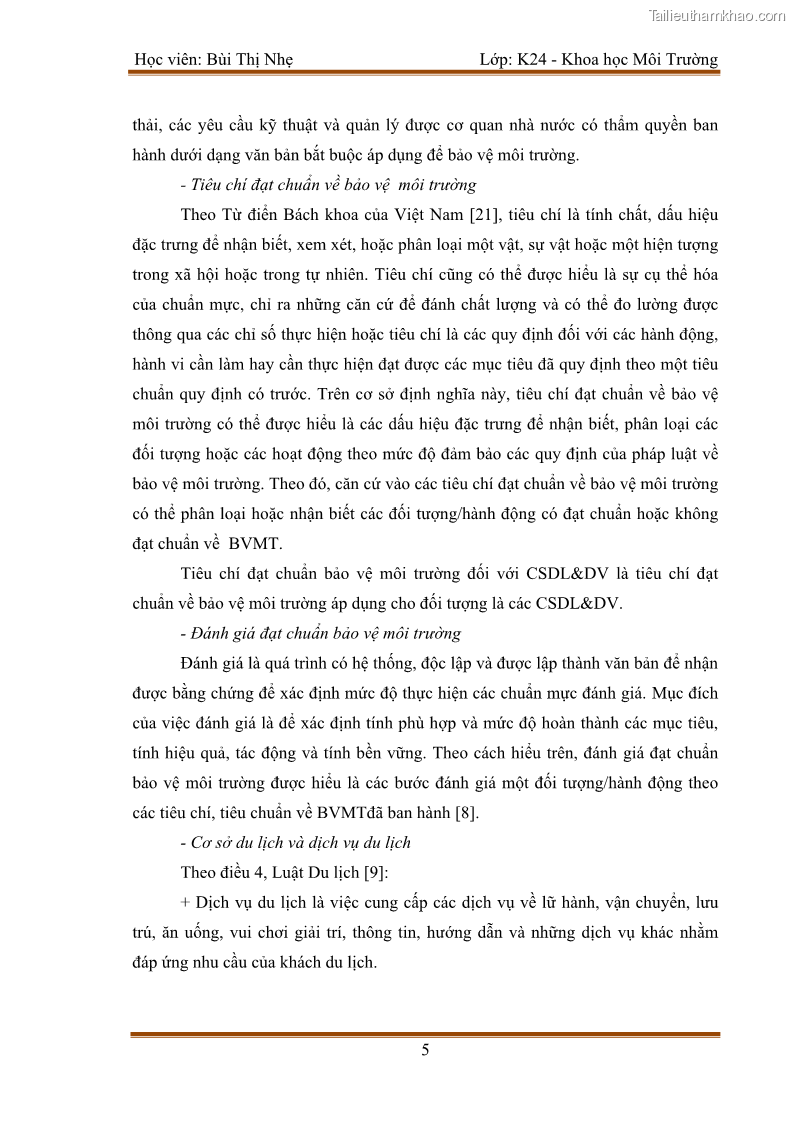 Luận văn thạc sĩ khoa học Bước đầu nghiên cứu đánh giá mức độ đạt chuẩn về bảo vệ môi trường đối với các cơ sở ăn uống tại khu du lịch Sầm Sơn, Thanh Hóa - 1 Trang 12