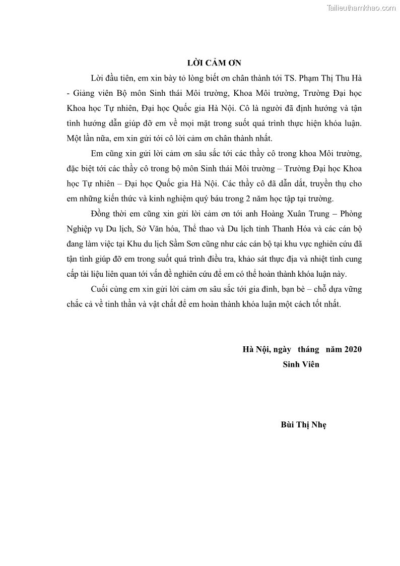 Luận văn thạc sĩ khoa học Bước đầu nghiên cứu đánh giá mức độ đạt chuẩn về bảo vệ môi trường đối với các cơ sở ăn uống tại khu du lịch Sầm Sơn, Thanh Hóa - 1 Trang 3