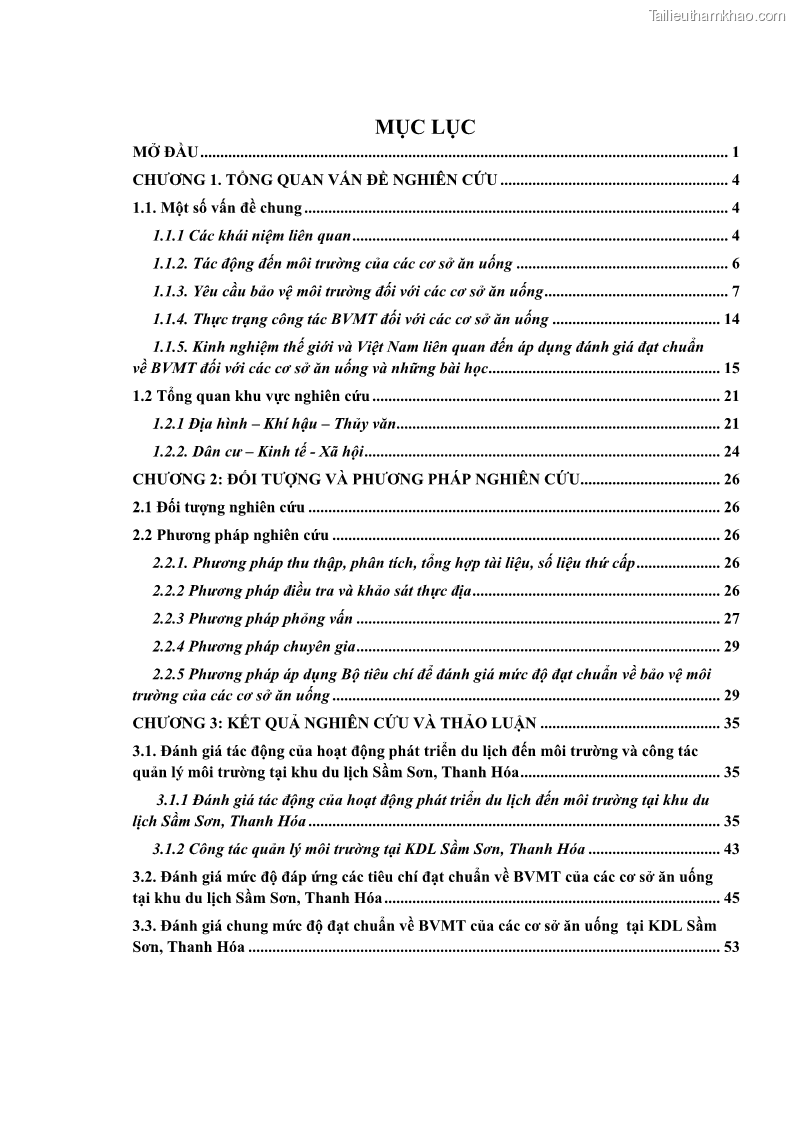 Luận văn thạc sĩ khoa học Bước đầu nghiên cứu đánh giá mức độ đạt chuẩn về bảo vệ môi trường đối với các cơ sở ăn uống tại khu du lịch Sầm Sơn, Thanh Hóa - 1 Trang 4