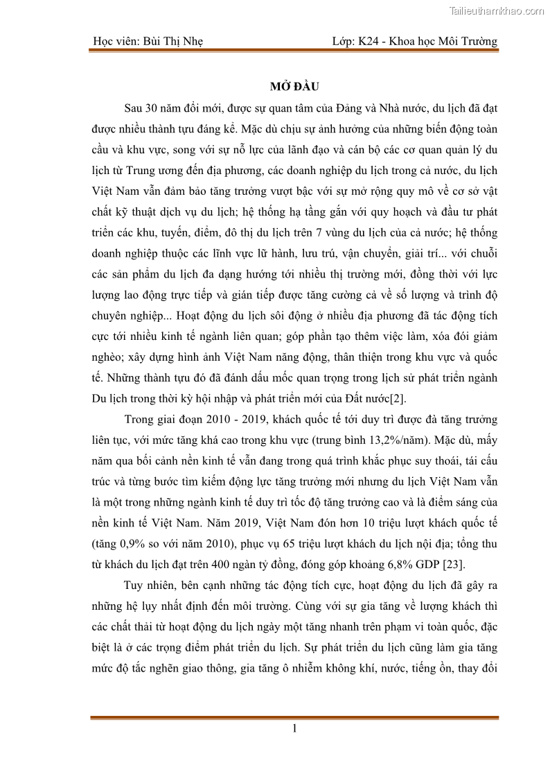 Luận văn thạc sĩ khoa học Bước đầu nghiên cứu đánh giá mức độ đạt chuẩn về bảo vệ môi trường đối với các cơ sở ăn uống tại khu du lịch Sầm Sơn, Thanh Hóa - 1 Trang 8