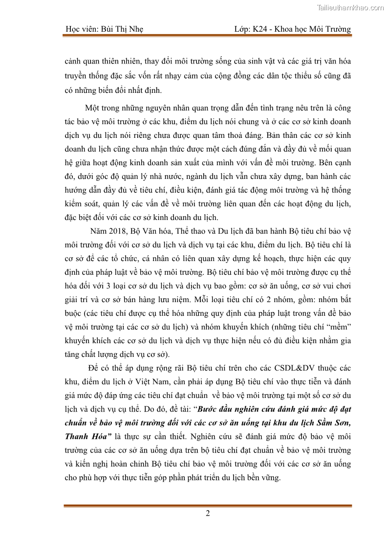 Luận văn thạc sĩ khoa học Bước đầu nghiên cứu đánh giá mức độ đạt chuẩn về bảo vệ môi trường đối với các cơ sở ăn uống tại khu du lịch Sầm Sơn, Thanh Hóa - 1 Trang 9