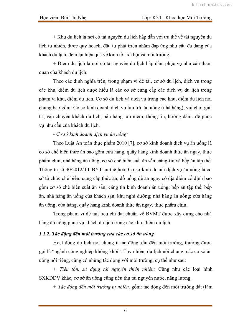 Luận văn thạc sĩ khoa học Bước đầu nghiên cứu đánh giá mức độ đạt chuẩn về bảo vệ môi trường đối với các cơ sở ăn uống tại khu du lịch Sầm Sơn, Thanh Hóa - 2 Trang 13