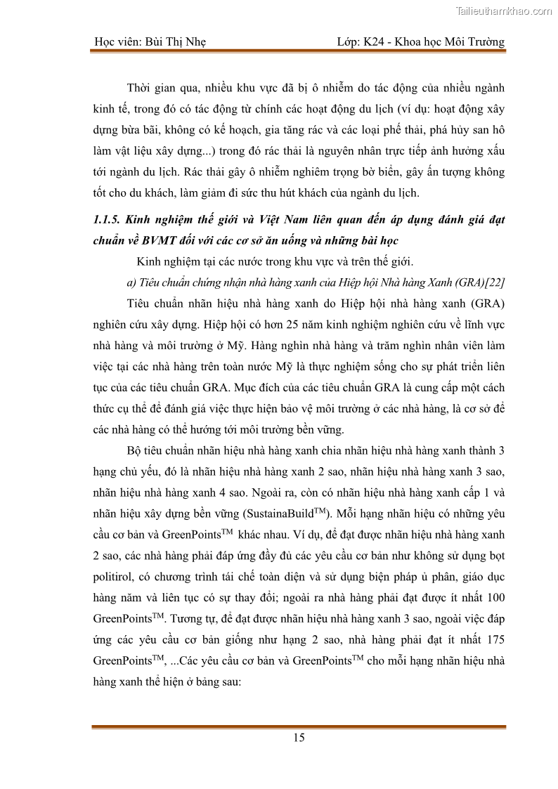 Luận văn thạc sĩ khoa học Bước đầu nghiên cứu đánh giá mức độ đạt chuẩn về bảo vệ môi trường đối với các cơ sở ăn uống tại khu du lịch Sầm Sơn, Thanh Hóa - 2 Trang 22