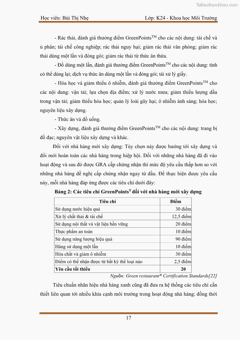 Luận văn thạc sĩ khoa học Bước đầu nghiên cứu đánh giá mức độ đạt chuẩn về bảo vệ môi trường đối với các cơ sở ăn uống tại khu du lịch Sầm Sơn, Thanh Hóa - 2 Trang 24