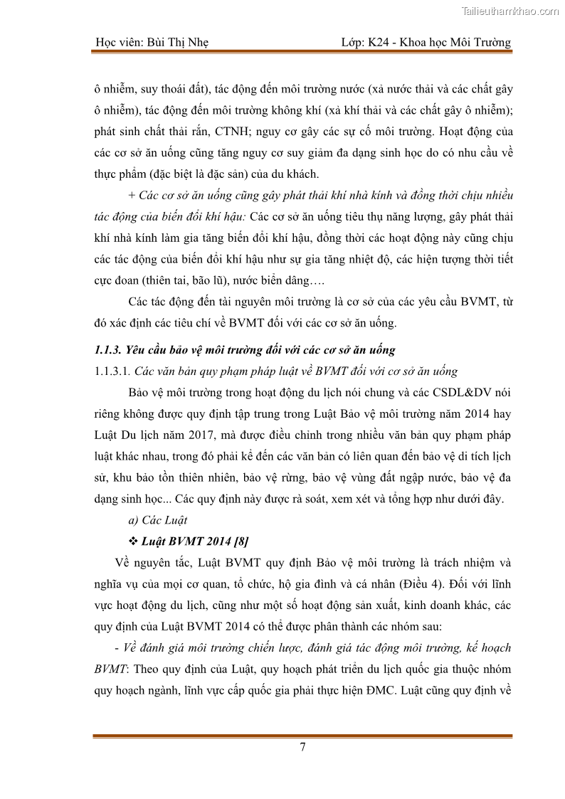 Luận văn thạc sĩ khoa học Bước đầu nghiên cứu đánh giá mức độ đạt chuẩn về bảo vệ môi trường đối với các cơ sở ăn uống tại khu du lịch Sầm Sơn, Thanh Hóa - 2 Trang 14