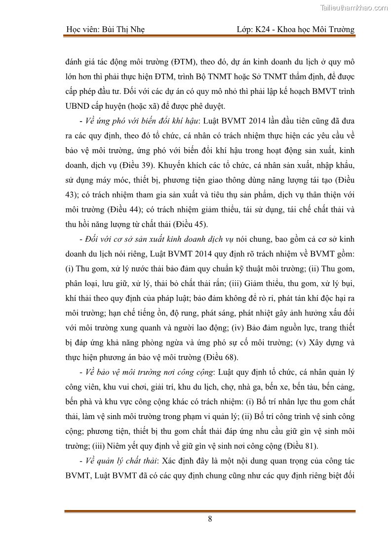 Luận văn thạc sĩ khoa học Bước đầu nghiên cứu đánh giá mức độ đạt chuẩn về bảo vệ môi trường đối với các cơ sở ăn uống tại khu du lịch Sầm Sơn, Thanh Hóa - 2 Trang 15