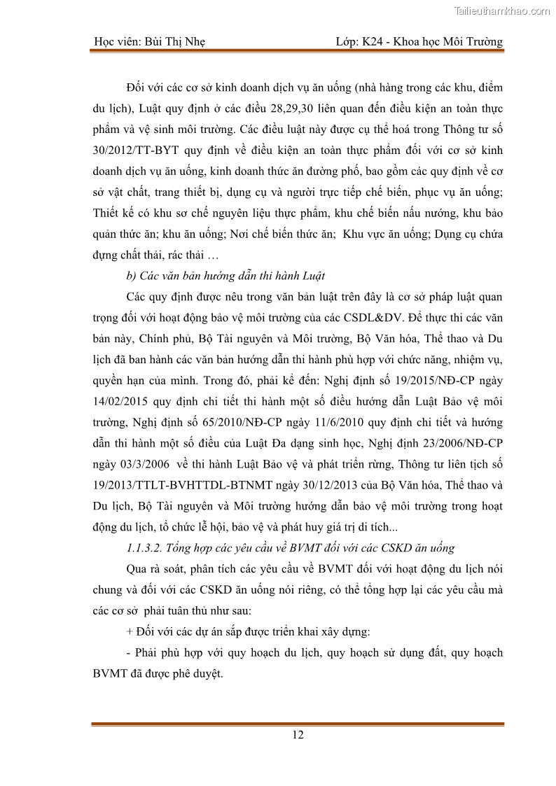 Luận văn thạc sĩ khoa học Bước đầu nghiên cứu đánh giá mức độ đạt chuẩn về bảo vệ môi trường đối với các cơ sở ăn uống tại khu du lịch Sầm Sơn, Thanh Hóa - 2 Trang 19