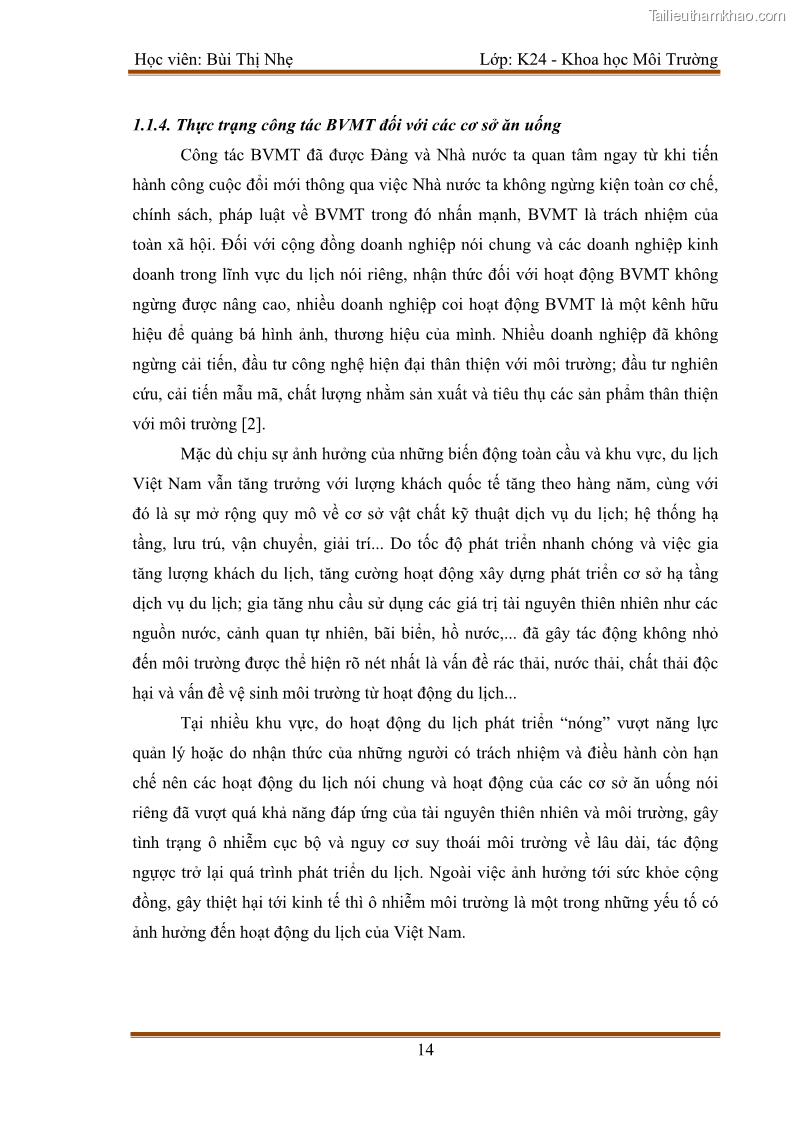 Luận văn thạc sĩ khoa học Bước đầu nghiên cứu đánh giá mức độ đạt chuẩn về bảo vệ môi trường đối với các cơ sở ăn uống tại khu du lịch Sầm Sơn, Thanh Hóa - 2 Trang 21