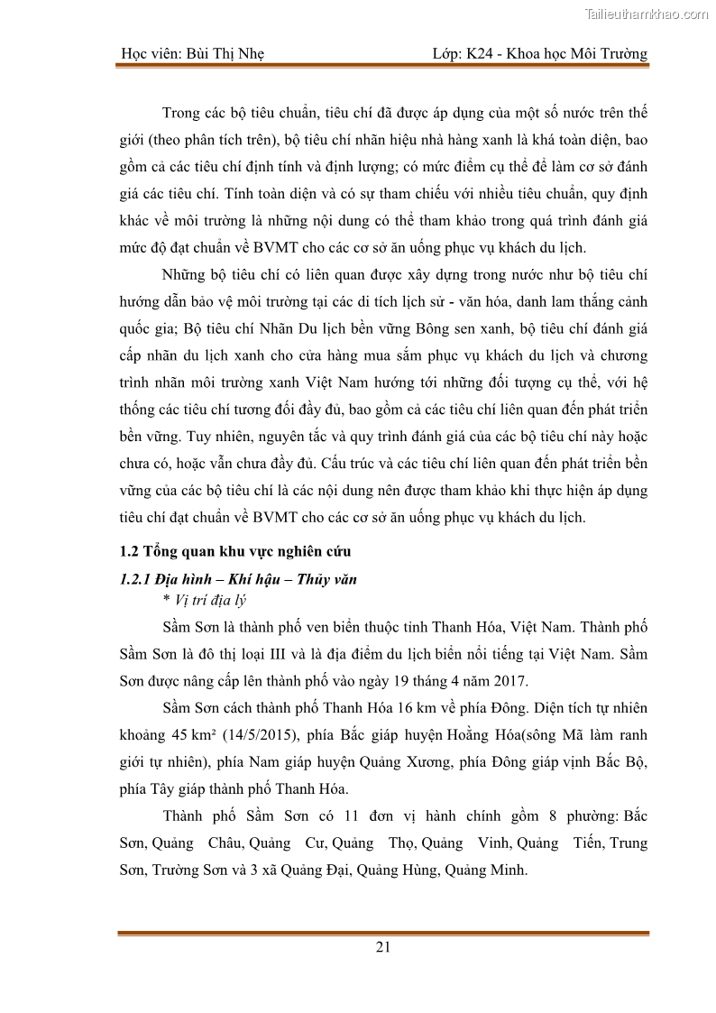 Luận văn thạc sĩ khoa học Bước đầu nghiên cứu đánh giá mức độ đạt chuẩn về bảo vệ môi trường đối với các cơ sở ăn uống tại khu du lịch Sầm Sơn, Thanh Hóa - 3 Trang 28