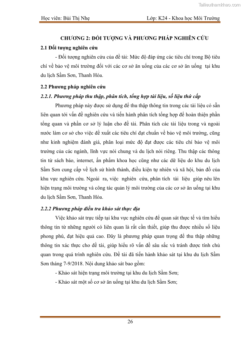 Luận văn thạc sĩ khoa học Bước đầu nghiên cứu đánh giá mức độ đạt chuẩn về bảo vệ môi trường đối với các cơ sở ăn uống tại khu du lịch Sầm Sơn, Thanh Hóa - 3 Trang 33