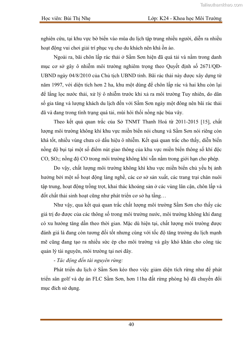Luận văn thạc sĩ khoa học Bước đầu nghiên cứu đánh giá mức độ đạt chuẩn về bảo vệ môi trường đối với các cơ sở ăn uống tại khu du lịch Sầm Sơn, Thanh Hóa - 4 Trang 47
