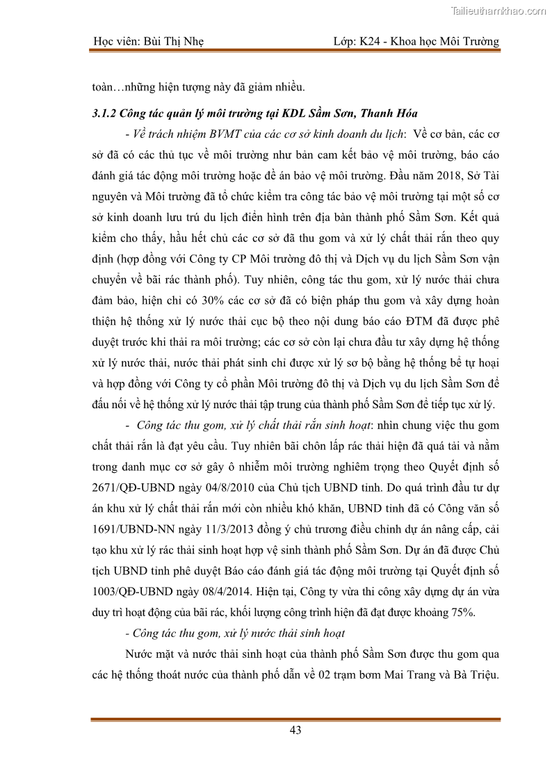 Luận văn thạc sĩ khoa học Bước đầu nghiên cứu đánh giá mức độ đạt chuẩn về bảo vệ môi trường đối với các cơ sở ăn uống tại khu du lịch Sầm Sơn, Thanh Hóa - 5 Trang 50