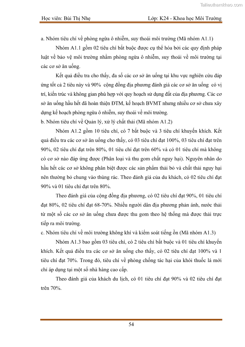 Luận văn thạc sĩ khoa học Bước đầu nghiên cứu đánh giá mức độ đạt chuẩn về bảo vệ môi trường đối với các cơ sở ăn uống tại khu du lịch Sầm Sơn, Thanh Hóa - 6 Trang 61