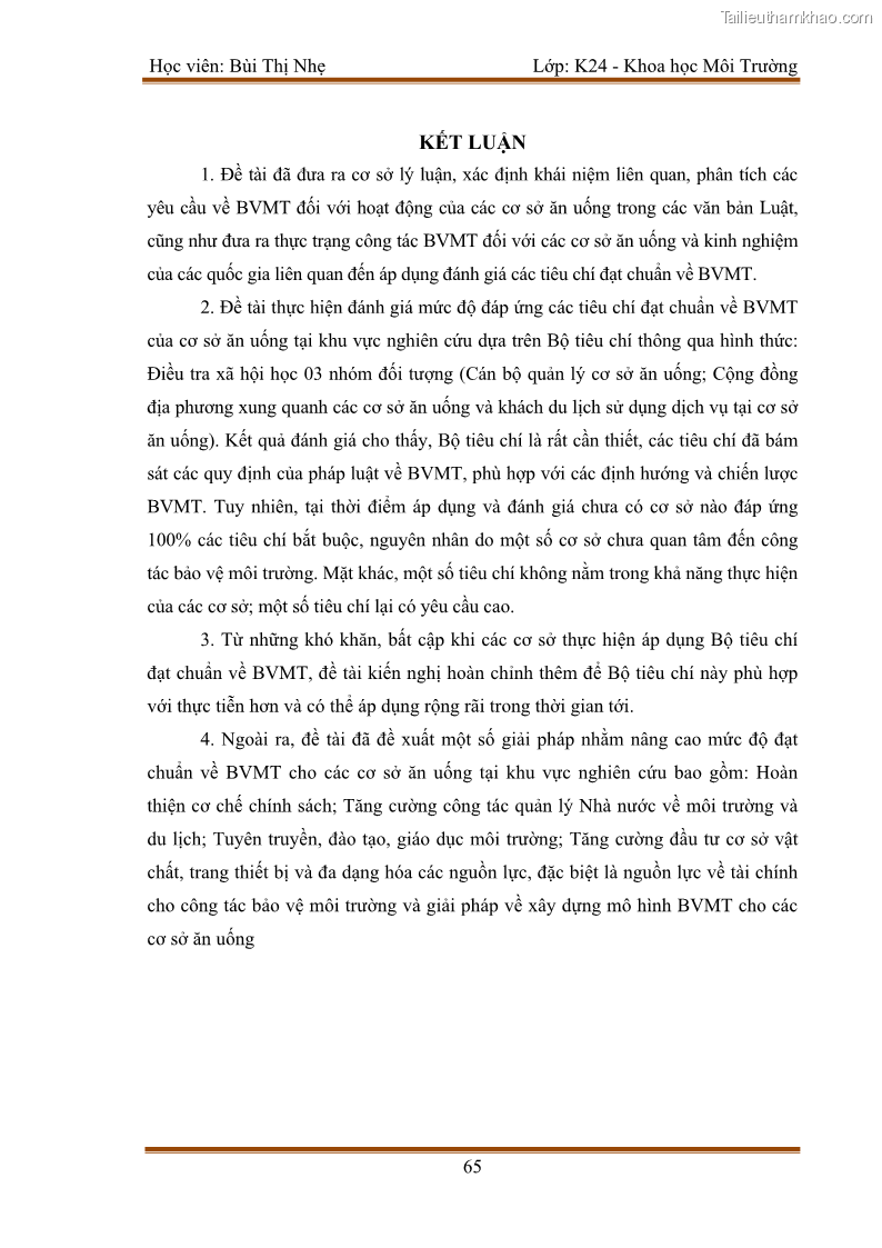 Luận văn thạc sĩ khoa học Bước đầu nghiên cứu đánh giá mức độ đạt chuẩn về bảo vệ môi trường đối với các cơ sở ăn uống tại khu du lịch Sầm Sơn, Thanh Hóa - 6 Trang 72