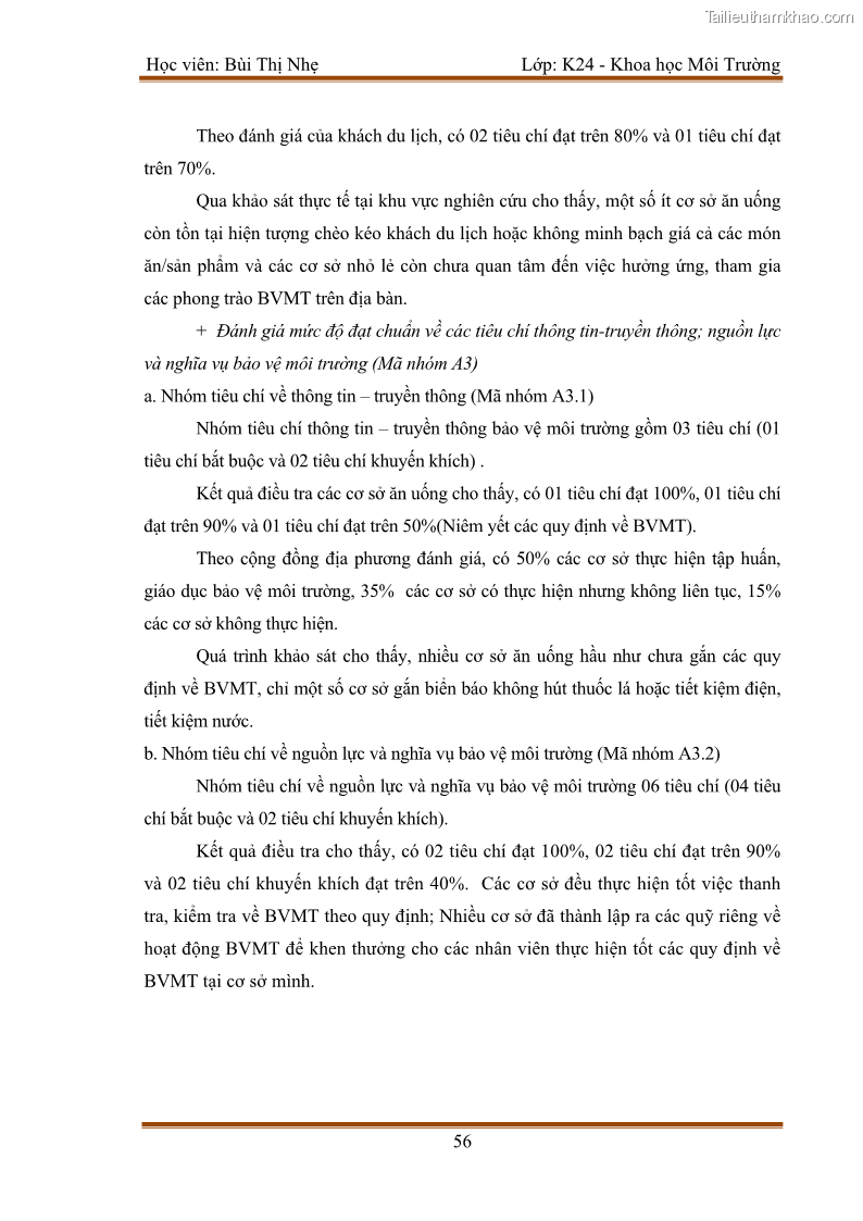 Luận văn thạc sĩ khoa học Bước đầu nghiên cứu đánh giá mức độ đạt chuẩn về bảo vệ môi trường đối với các cơ sở ăn uống tại khu du lịch Sầm Sơn, Thanh Hóa - 6 Trang 63