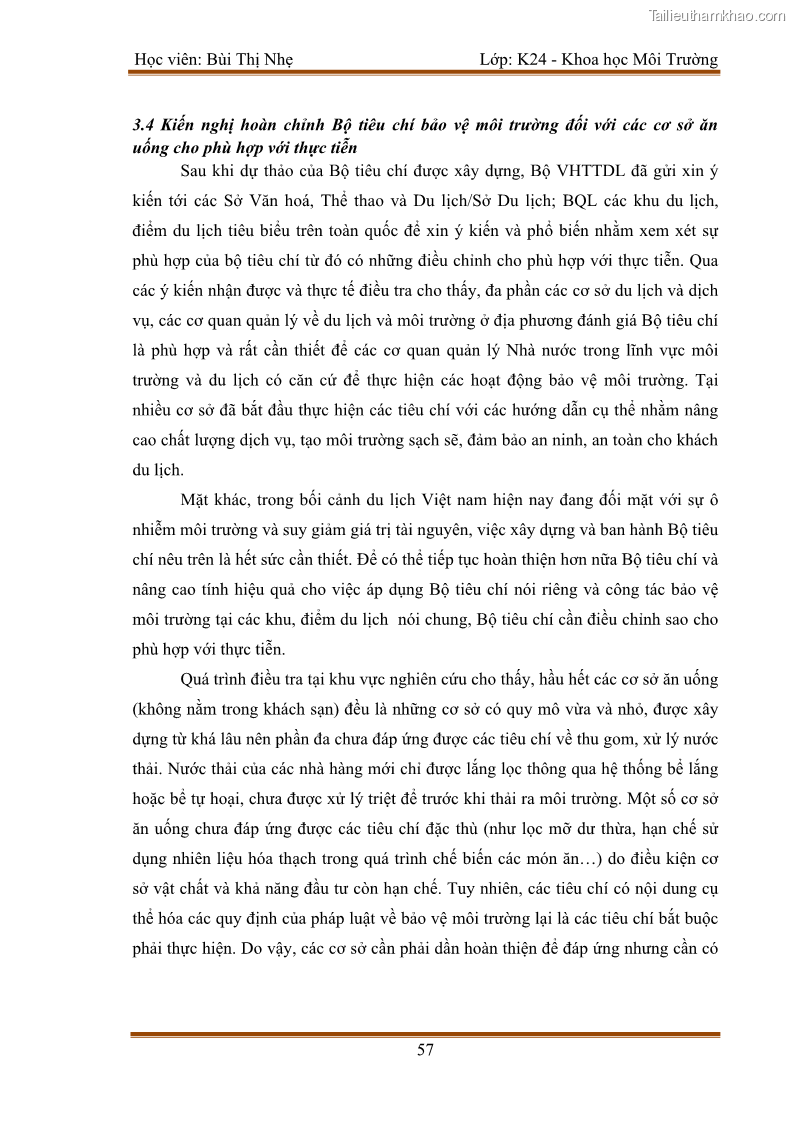 Luận văn thạc sĩ khoa học Bước đầu nghiên cứu đánh giá mức độ đạt chuẩn về bảo vệ môi trường đối với các cơ sở ăn uống tại khu du lịch Sầm Sơn, Thanh Hóa - 6 Trang 64