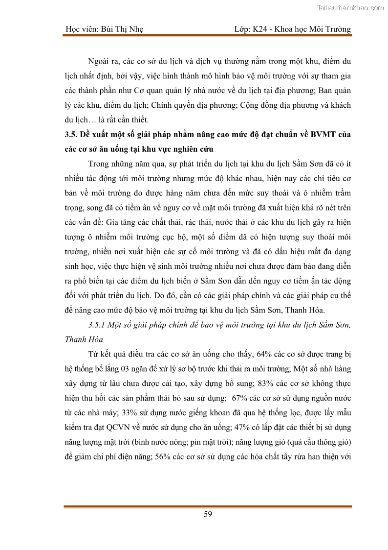 Luận văn thạc sĩ khoa học Bước đầu nghiên cứu đánh giá mức độ đạt chuẩn về bảo vệ môi trường đối với các cơ sở ăn uống tại khu du lịch Sầm Sơn, Thanh Hóa - 6 Trang 66
