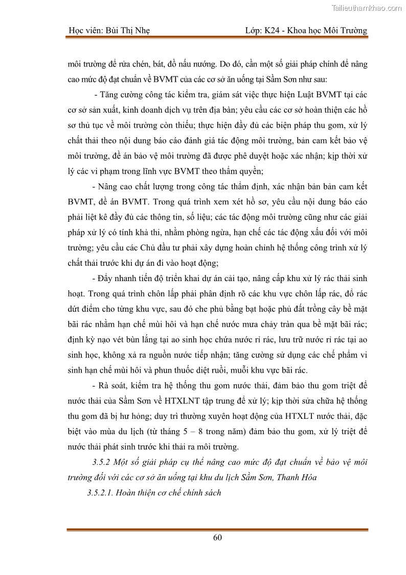 Luận văn thạc sĩ khoa học Bước đầu nghiên cứu đánh giá mức độ đạt chuẩn về bảo vệ môi trường đối với các cơ sở ăn uống tại khu du lịch Sầm Sơn, Thanh Hóa - 6 Trang 67