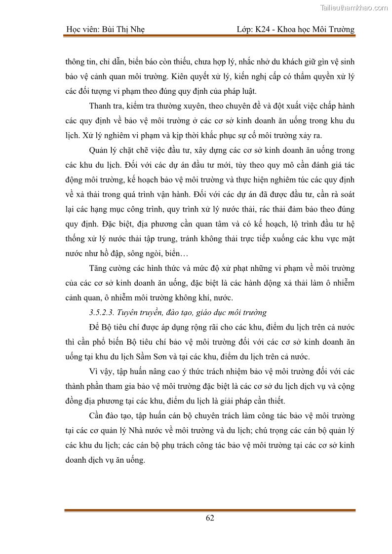 Luận văn thạc sĩ khoa học Bước đầu nghiên cứu đánh giá mức độ đạt chuẩn về bảo vệ môi trường đối với các cơ sở ăn uống tại khu du lịch Sầm Sơn, Thanh Hóa - 6 Trang 69