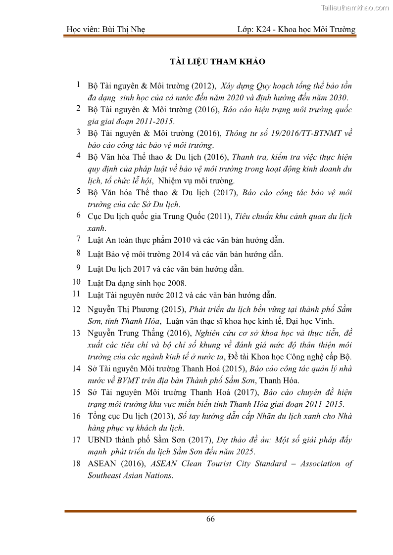Luận văn thạc sĩ khoa học Bước đầu nghiên cứu đánh giá mức độ đạt chuẩn về bảo vệ môi trường đối với các cơ sở ăn uống tại khu du lịch Sầm Sơn, Thanh Hóa - 7 Trang 73