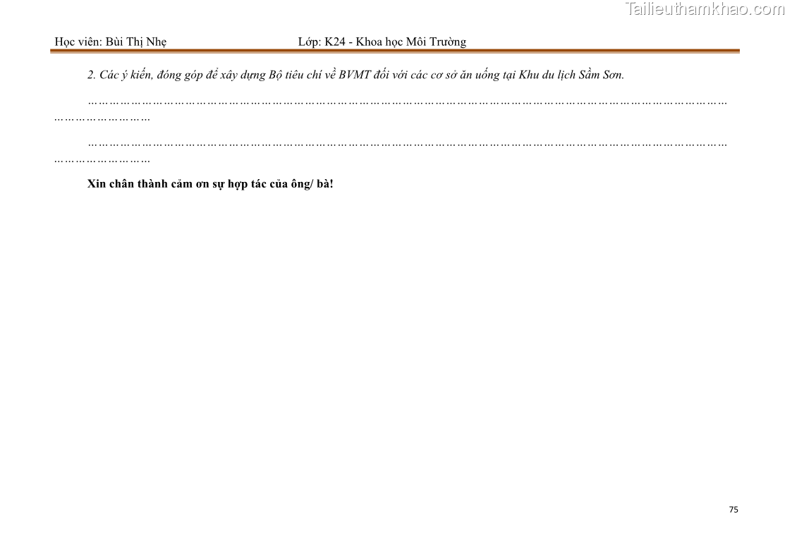 Luận văn thạc sĩ khoa học Bước đầu nghiên cứu đánh giá mức độ đạt chuẩn về bảo vệ môi trường đối với các cơ sở ăn uống tại khu du lịch Sầm Sơn, Thanh Hóa - 7 Trang 82
