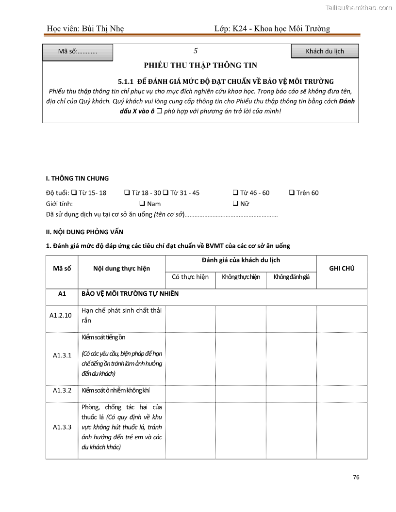 Luận văn thạc sĩ khoa học Bước đầu nghiên cứu đánh giá mức độ đạt chuẩn về bảo vệ môi trường đối với các cơ sở ăn uống tại khu du lịch Sầm Sơn, Thanh Hóa - 7 Trang 83