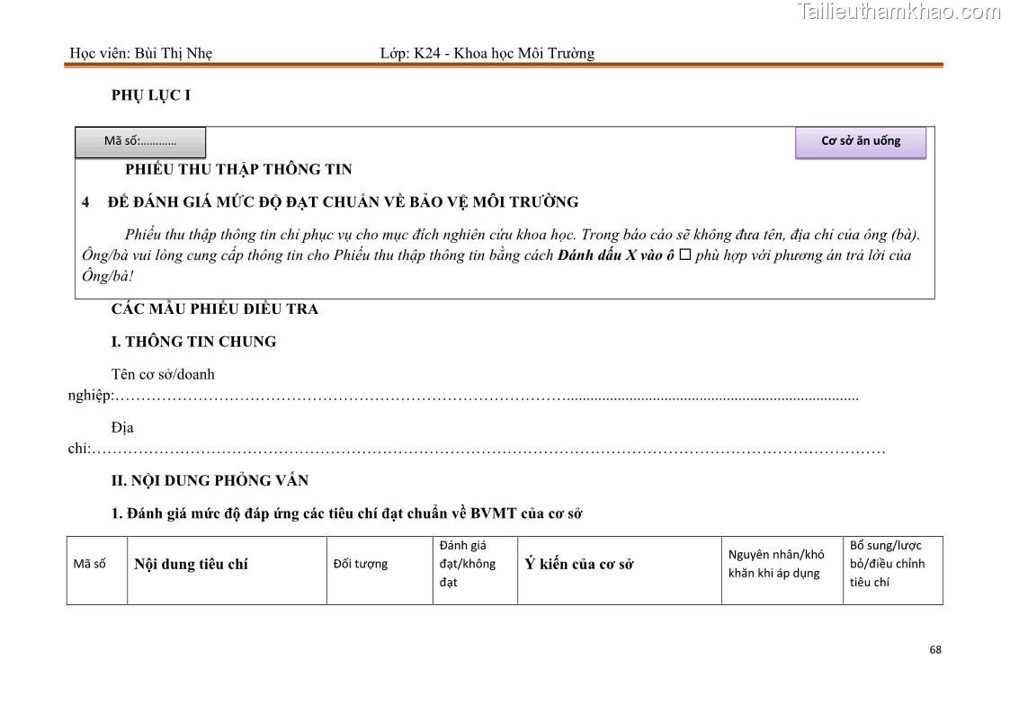 Luận văn thạc sĩ khoa học Bước đầu nghiên cứu đánh giá mức độ đạt chuẩn về bảo vệ môi trường đối với các cơ sở ăn uống tại khu du lịch Sầm Sơn, Thanh Hóa - 7 Trang 75
