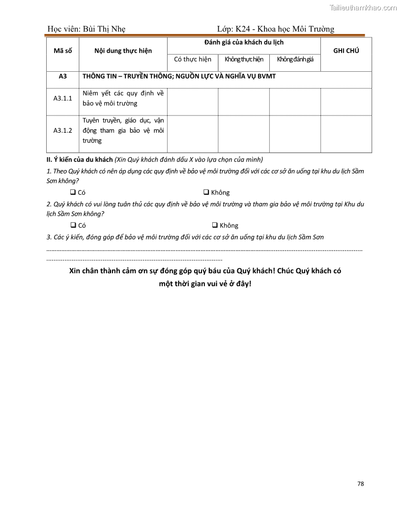 Luận văn thạc sĩ khoa học Bước đầu nghiên cứu đánh giá mức độ đạt chuẩn về bảo vệ môi trường đối với các cơ sở ăn uống tại khu du lịch Sầm Sơn, Thanh Hóa - 8 Trang 85