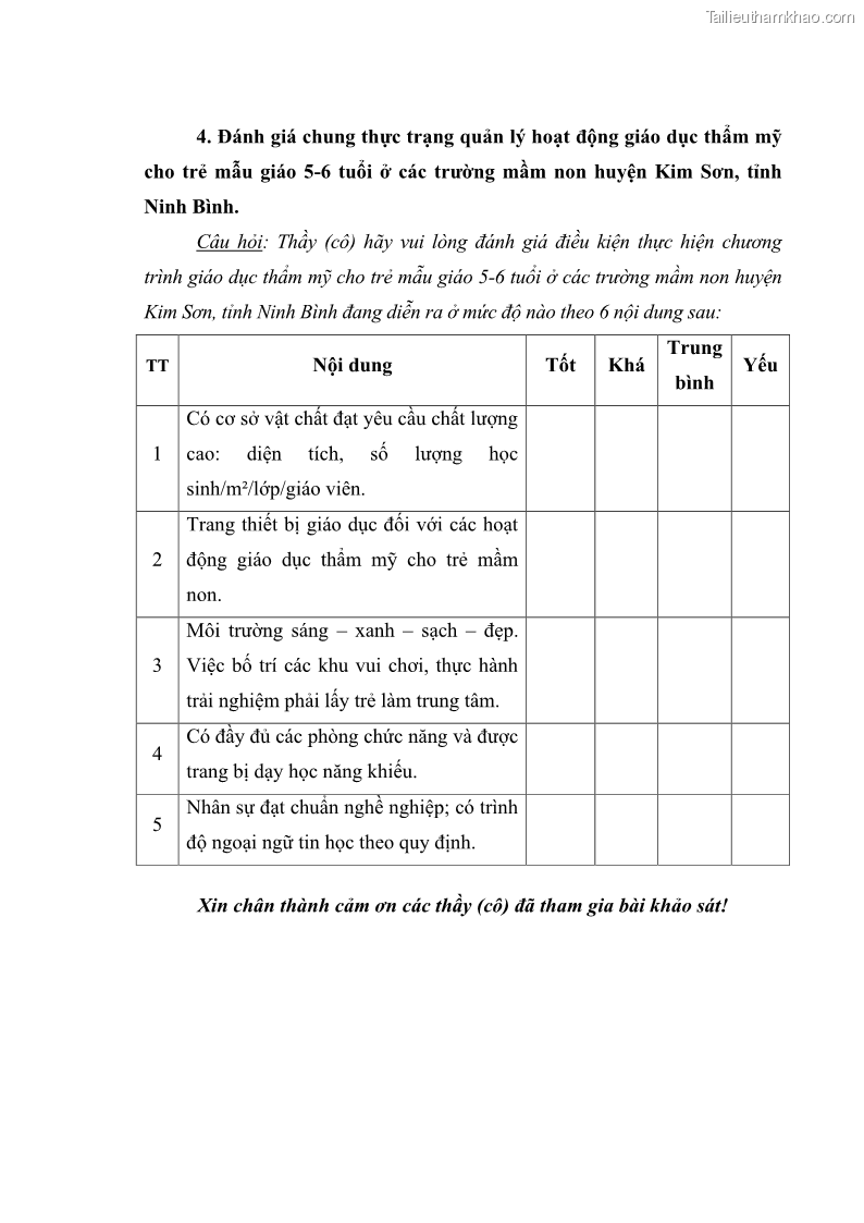 Luận văn thạc sĩ quản lý giáo dục Quản lý hoạt động giáo dục thẩm mỹ cho trẻ 5-6 tuổi ở các trường mầm non huyện Kim Sơn, tỉnh Ninh Bình - 8 Trang 96