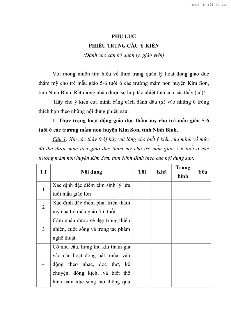 Luận văn thạc sĩ quản lý giáo dục Quản lý hoạt động giáo dục thẩm mỹ cho trẻ 5-6 tuổi ở các trường mầm non huyện Kim Sơn, tỉnh Ninh Bình - 8 Trang 87
