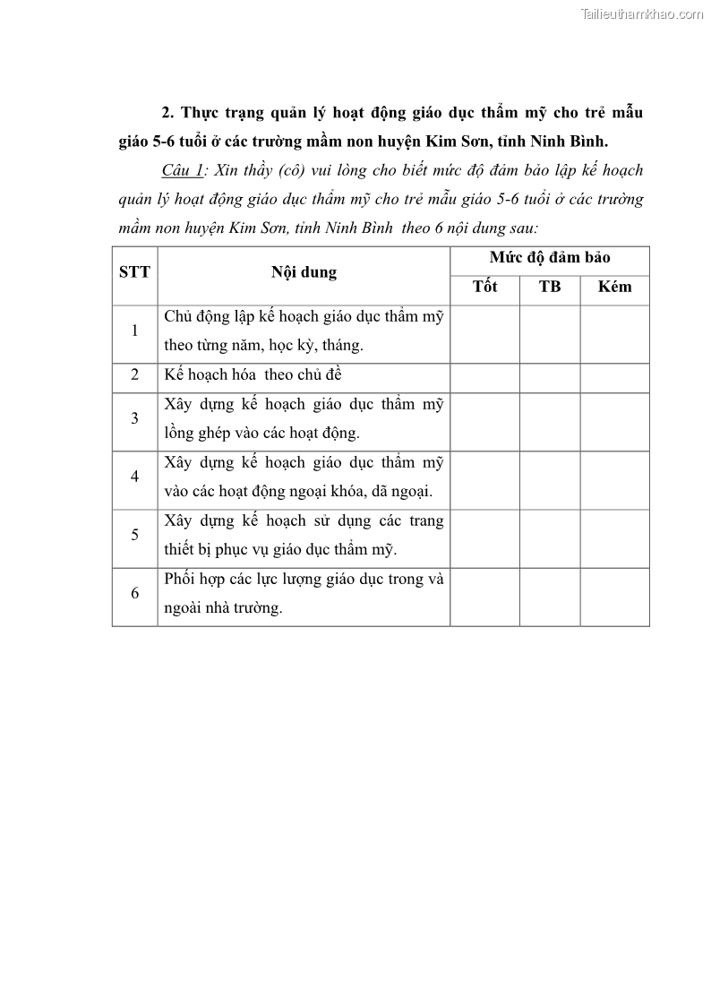 Luận văn thạc sĩ quản lý giáo dục Quản lý hoạt động giáo dục thẩm mỹ cho trẻ 5-6 tuổi ở các trường mầm non huyện Kim Sơn, tỉnh Ninh Bình - 8 Trang 91
