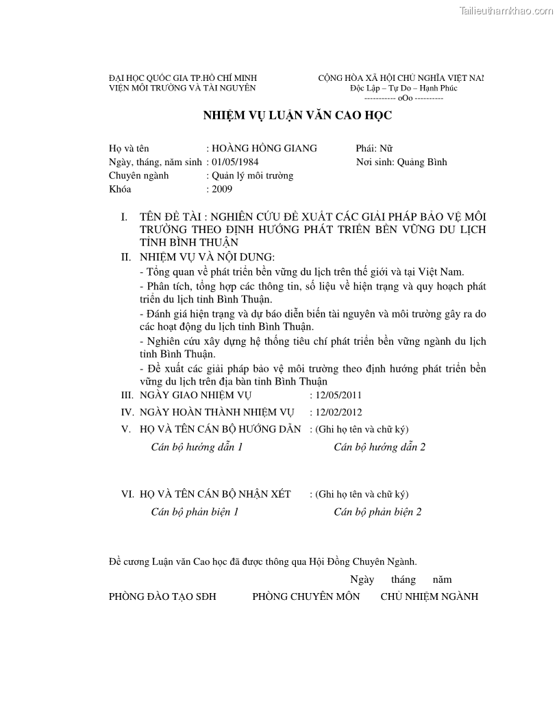 Luận văn thạc sỹ Nghiên cứu đề xuất các giải pháp bảo vệ môi trường theo định hướng phát triển bền vững du lịch tỉnh Bình Thuận - 1 Trang 4