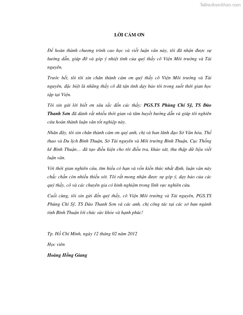 Luận văn thạc sỹ Nghiên cứu đề xuất các giải pháp bảo vệ môi trường theo định hướng phát triển bền vững du lịch tỉnh Bình Thuận - 1 Trang 5