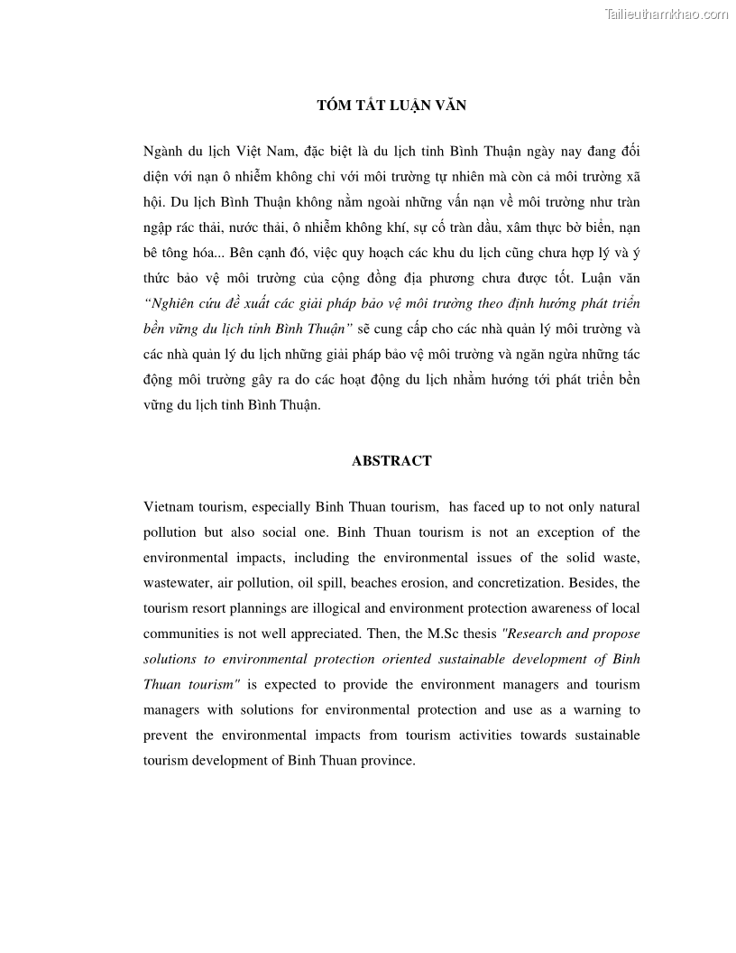 Luận văn thạc sỹ Nghiên cứu đề xuất các giải pháp bảo vệ môi trường theo định hướng phát triển bền vững du lịch tỉnh Bình Thuận - 1 Trang 6