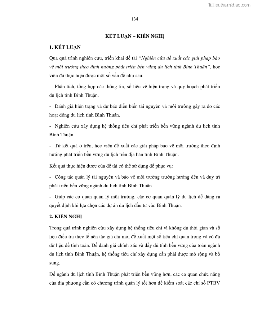 Luận văn thạc sỹ Nghiên cứu đề xuất các giải pháp bảo vệ môi trường theo định hướng phát triển bền vững du lịch tỉnh Bình Thuận - 13 Trang 146