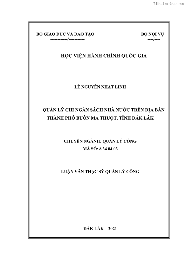 Luận văn thạc sĩ quản lý công Quản lý chi ngân sách nhà nước trên địa bàn thành phố Buôn Ma Thuột, tỉnh Đắk Lắk - 1 Trang 1