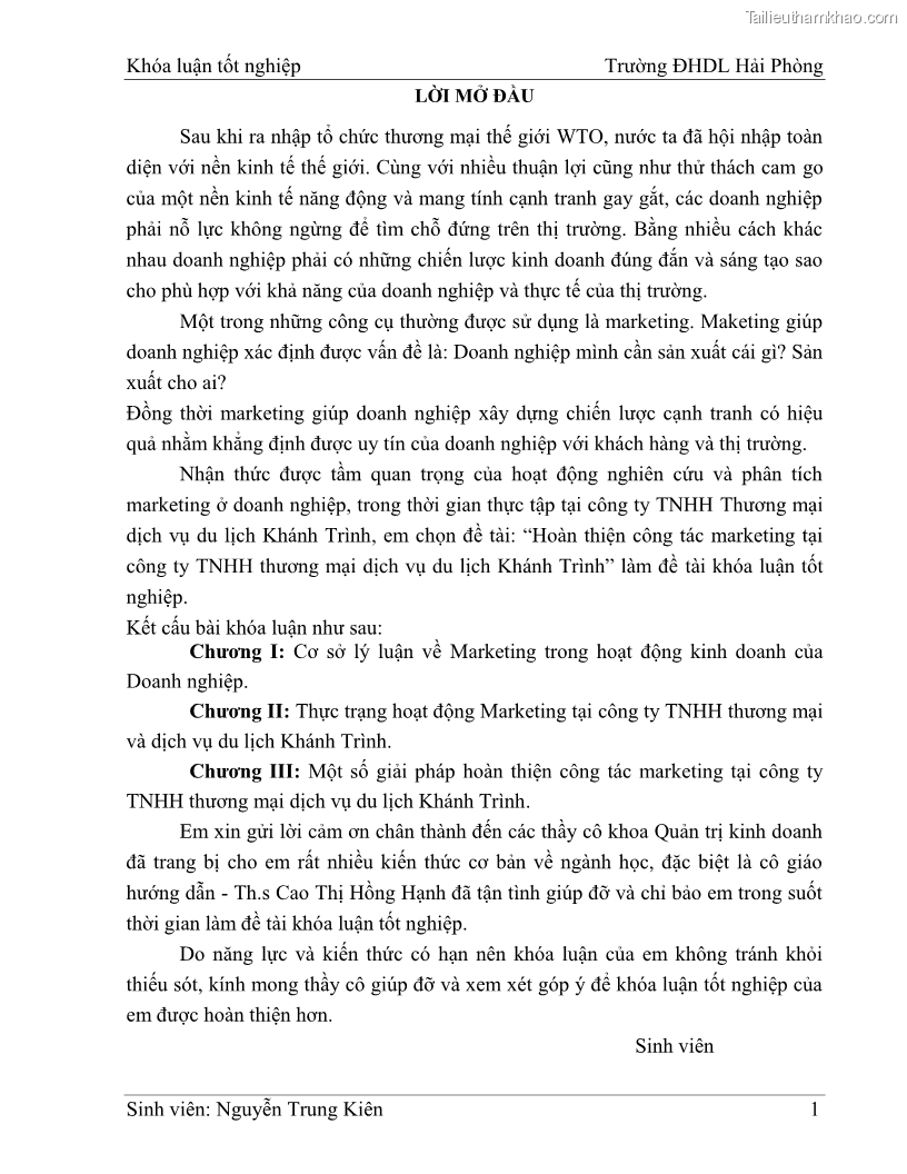 Khóa luận tốt nghiệp quản trị doanh nghiệp Hoàn thiện công tác marketing tại Công ty TNHH thương mại dịch vụ du lịch Khánh Trình - 1 Trang 11