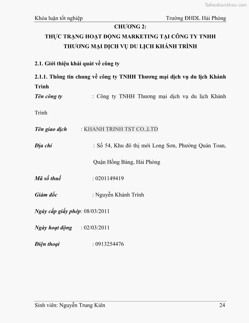 Khóa luận tốt nghiệp quản trị doanh nghiệp Hoàn thiện công tác marketing tại Công ty TNHH thương mại dịch vụ du lịch Khánh Trình - 3 Trang 34