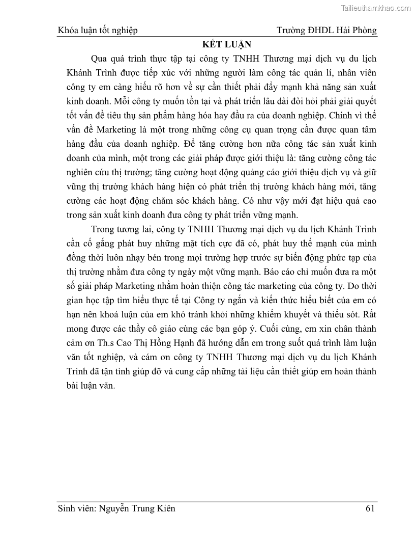 Khóa luận tốt nghiệp quản trị doanh nghiệp Hoàn thiện công tác marketing tại Công ty TNHH thương mại dịch vụ du lịch Khánh Trình - 6 Trang 71