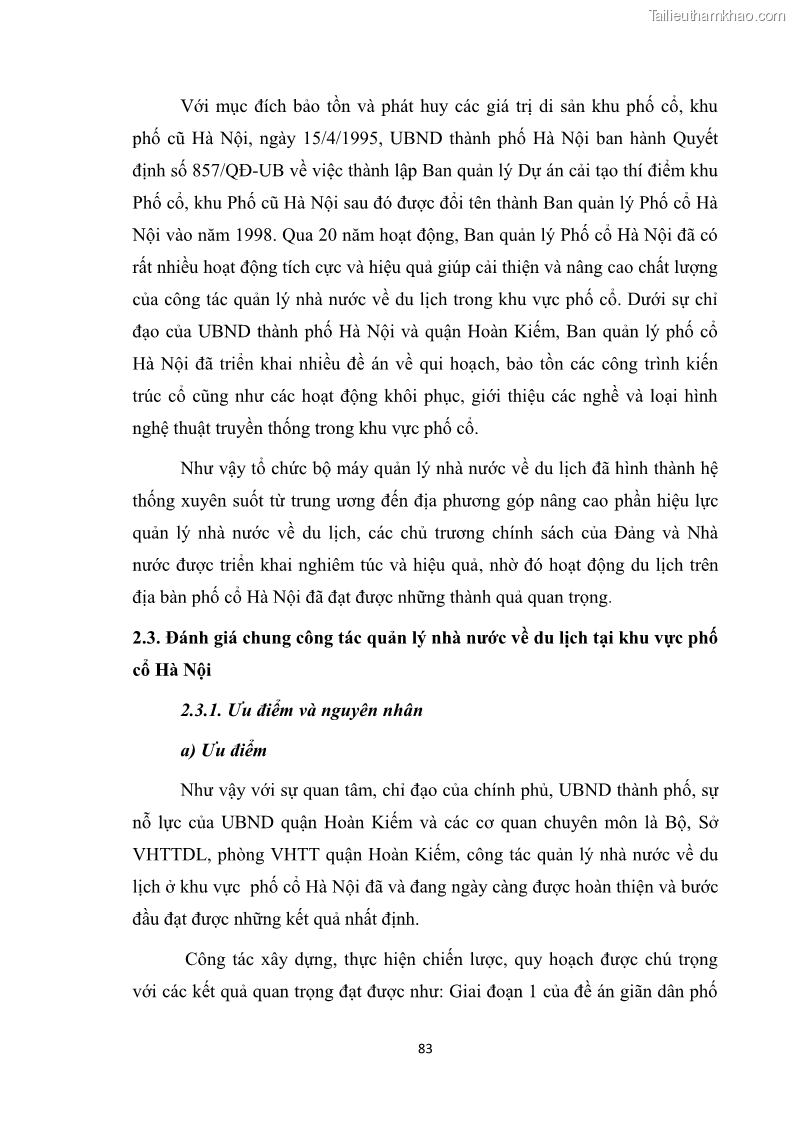 Luận văn thạc sĩ du lịch Nghiên cứu công tác quản lý nhà nước về du lịch ở khu vực phố cổ Hà Nội - 8 Trang 85