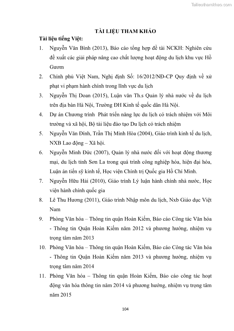 Luận văn thạc sĩ du lịch Nghiên cứu công tác quản lý nhà nước về du lịch ở khu vực phố cổ Hà Nội - 9 Trang 106