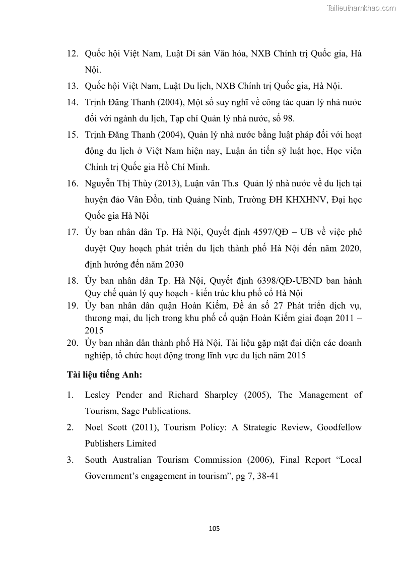 Luận văn thạc sĩ du lịch Nghiên cứu công tác quản lý nhà nước về du lịch ở khu vực phố cổ Hà Nội - 9 Trang 107