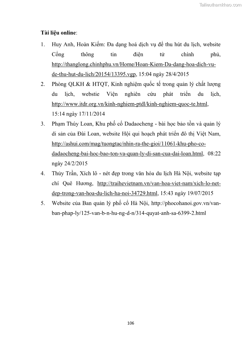 Luận văn thạc sĩ du lịch Nghiên cứu công tác quản lý nhà nước về du lịch ở khu vực phố cổ Hà Nội - 9 Trang 108