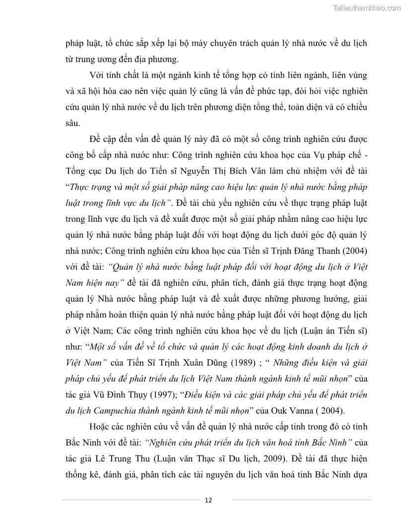 Luận văn Thạc sĩ Du lịch Nghiên cứu công tác quản lý nhà nước về du lịch của tỉnh Bắc Ninh - 1 Trang 12