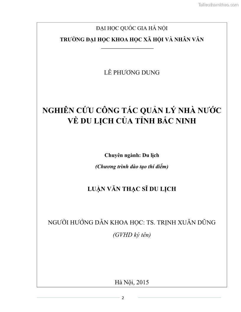 Luận văn Thạc sĩ Du lịch Nghiên cứu công tác quản lý nhà nước về du lịch của tỉnh Bắc Ninh - 1 Trang 2