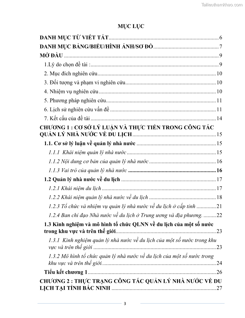 Luận văn Thạc sĩ Du lịch Nghiên cứu công tác quản lý nhà nước về du lịch của tỉnh Bắc Ninh - 1 Trang 3